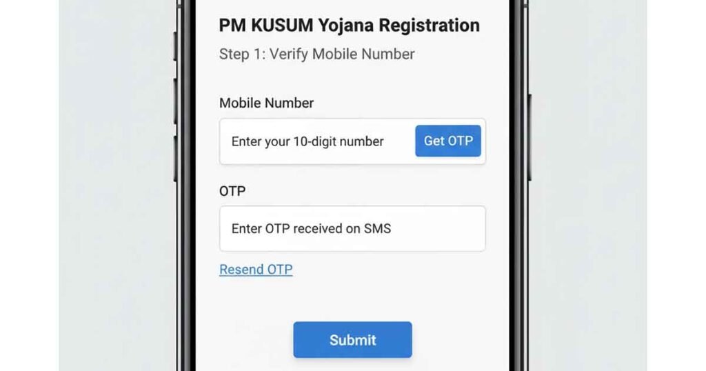 Pm Kusum registration form step for mobile OTP verification